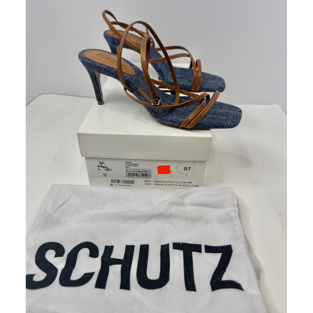Schutz Bari Mid Heel Strappy Sandal Size 7 B Blue Brown Date Night Office